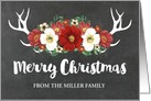 Chalkboard Rustic Antlers Vintage Red Flowers Merry Christmas Custom card