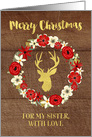 Rustic Red Floral Wreath Gold Deer Wood Christmas Sister card