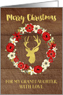 Rustic Red Floral Wreath Gold Deer Wood Christmas Granddaughter card