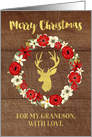 Rustic Red Floral Wreath Gold Deer Wood Christmas Grandson card