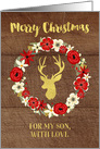 Rustic Red Floral Wreath Gold Deer Wood Christmas Son card