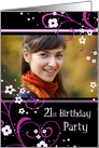 21st Birthday Party Photo Card - Black and Pink Floral card