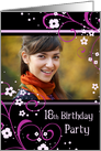 18th Birthday Party Photo Card - Black and Pink Floral card