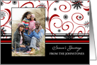 Season’s Greetings Photo Card - Red, Black and White Snowflakes card