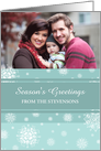 Season’s Greetings Photo Card - Teal White Snowflakes card