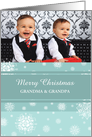 Merry Christmas Grandpa Grandma Photo Card - Teal White Snowflakes card