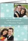 Our First Christmas Together Double Photo Card - Teal White Snowflakes card