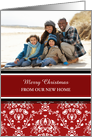 Merry Christmas We’ve Moved Photo Card - Red Damask card