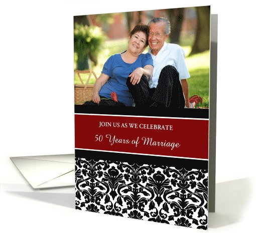 50th Anniversary Party Invitation Photo Card - Red Black Damask card