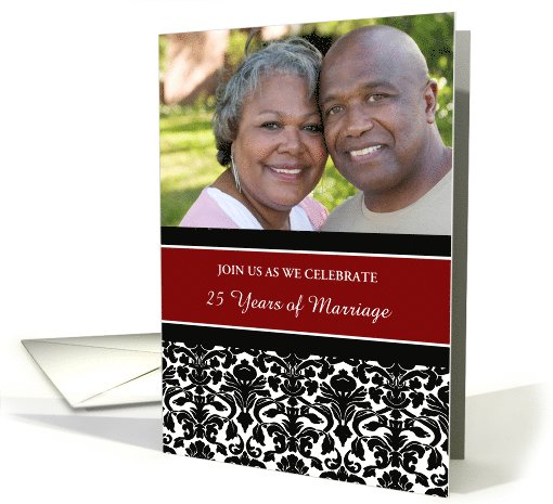 25th Anniversary Party Invitation Photo Card - Red Black Damask card