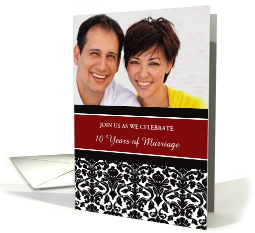 10th Anniversary Party Invitation Photo Card - Red Black Damask card