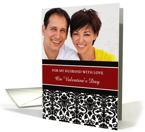 Husband Happy Valentine's Day Photo Card - Red Black Damask card