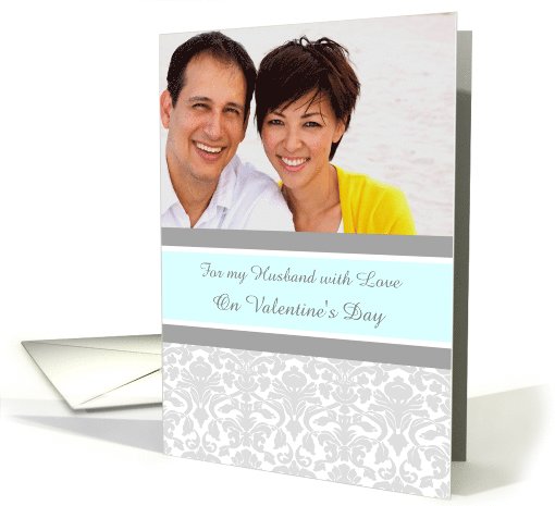 Husband Happy Valentine's Day Photo Card - Blue Gray Damask card
