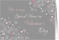 Happy Valentine’s Day Niece - Pink Gray Swirls & Hearts card