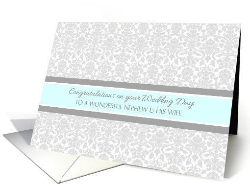 Wedding Day Congratulations Nephew & Wife - Gray Blue Damask card