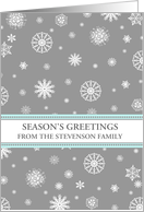 Season’s Greetings Custom Name Card - Grey Blue Snowflakes card