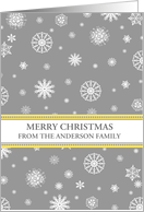 Merry Christmas Custom Name Card - Yellow Grey Snowflakes card