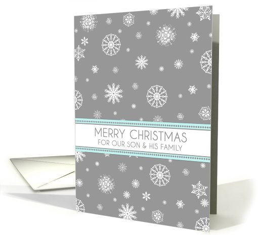 Our Son & Family Merry Christmas Card - Aqua Grey Snowflakes card