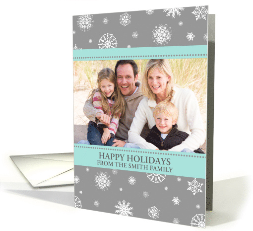 Photo Happy Holidays Christmas Card - Aqua Grey Snowflakes card
