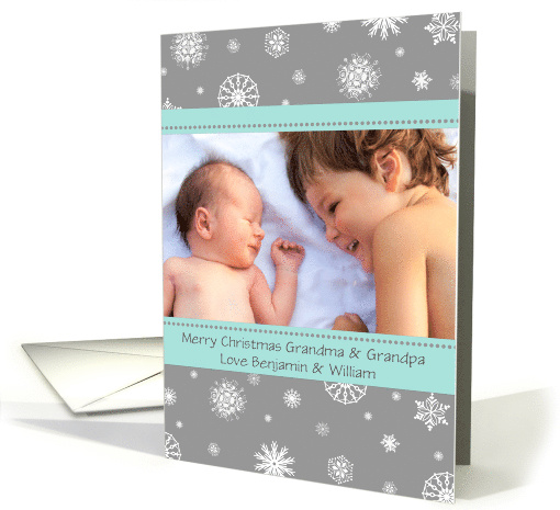 Photo Merry Christmas Grandparents Card - Aqua Grey Snowflakes card