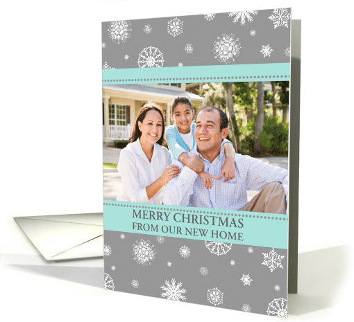 Photo Merry Christmas We've Moved Card - Aqua Grey Snowflakes card