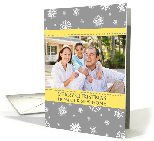 Photo Merry Christmas New Address Card - Yellow Grey Snowflakes card