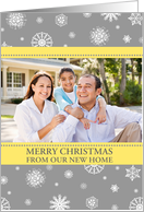 Photo Merry Christmas New Address Card - Yellow Grey Snowflakes card