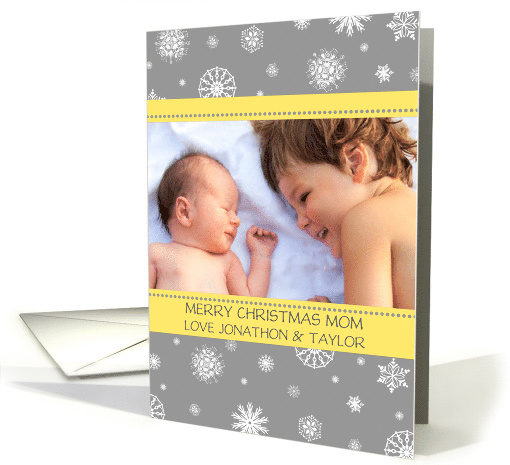 Photo Merry Christmas Mom Card - Yellow Grey Snowflakes card (1146634)