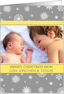 Photo Merry Christmas Mom Card - Yellow Grey Snowflakes card