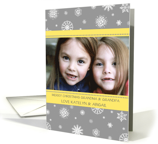 Photo Merry Christmas Grandparents Card - Yellow Grey Snowflakes card