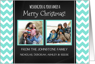 2 Photo Merry Christmas Card - Aqua Chevron Chalkboard card