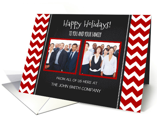 2 Photo Happy Holidays Corporate Card - Red Chevron Chalkboard card