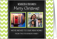 2 Photo Merry Christmas We’ve Moved Card - Green Chevron Chalkboard card