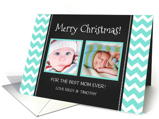 2 Photo Merry Christmas Mom Card - Blue Chevron Chalkboard card