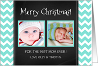2 Photo Merry Christmas Mom Card - Blue Chevron Chalkboard card