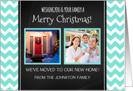 2 Photo Merry Christmas We’ve Moved Card - Blue Chevron Chalkboard card