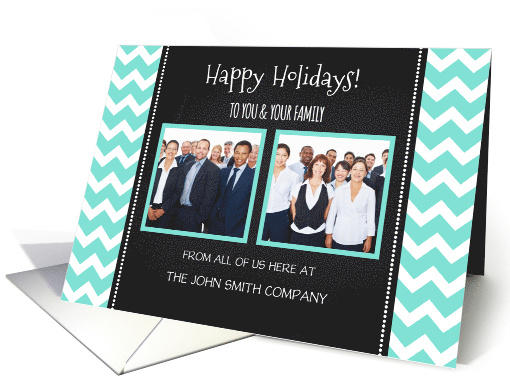 2 Photo Happy Holiday Corporate Card - Blue Chevron Chalkboard card