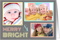 3 Photo Merry & Bright Christmas Card - Grey & Pastel card