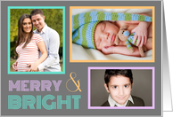 3 Photo Merry & Bright Christmas Card - Orange Teal Purple card