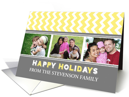 3 Photo Happy Holidays Christmas Card - Grey Yellow Chevron card