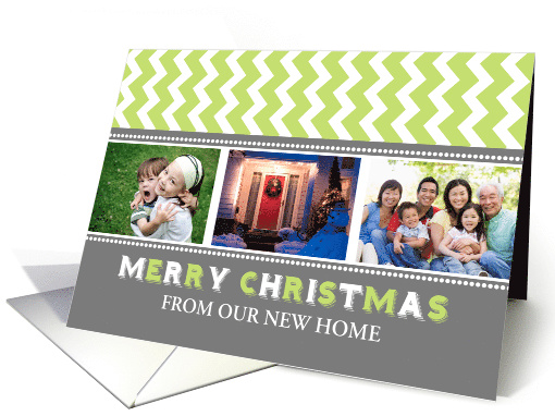 3 Photo Merry Christmas We've Moved Card - Grey Green Chevron card