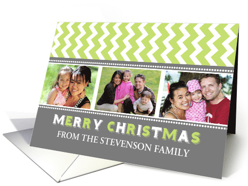3 Photo Merry Christmas Card - Grey Green Chevron card (1150014)
