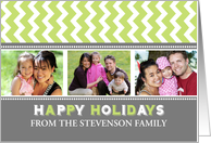 3 Photo Happy Holidays Christmas Card - Grey Green Chevron card