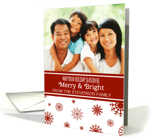 Photo Merry & Bright Christmas Card - Red White Snowflakes card