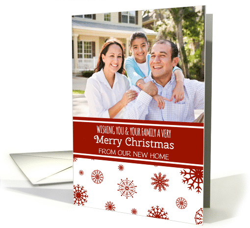 Photo Merry Christmas We've Moved Card - Red White Snowflakes card