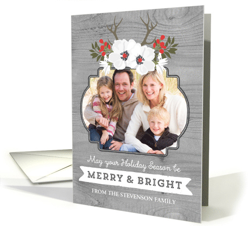 Rustic Floral Antlers Merry and Bright Christmas Custom Photo card