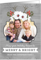 Rustic Floral Antlers Merry and Bright Christmas Custom Photo Card