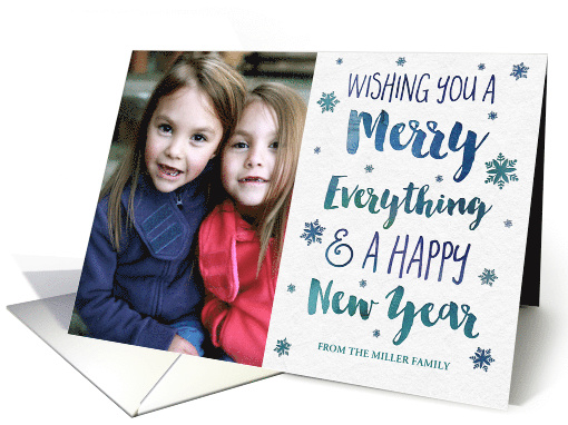 Watercolor Blue Snowflakes Merry Everything Christmas Photo card
