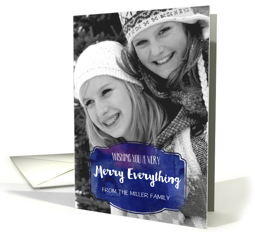 Blue Watercolor Merry Everything Family Christmas Photo card (1406538)