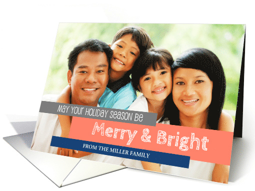 Modern Merry and Bright Coral Navy Blue Christmas Photo card (1406662)